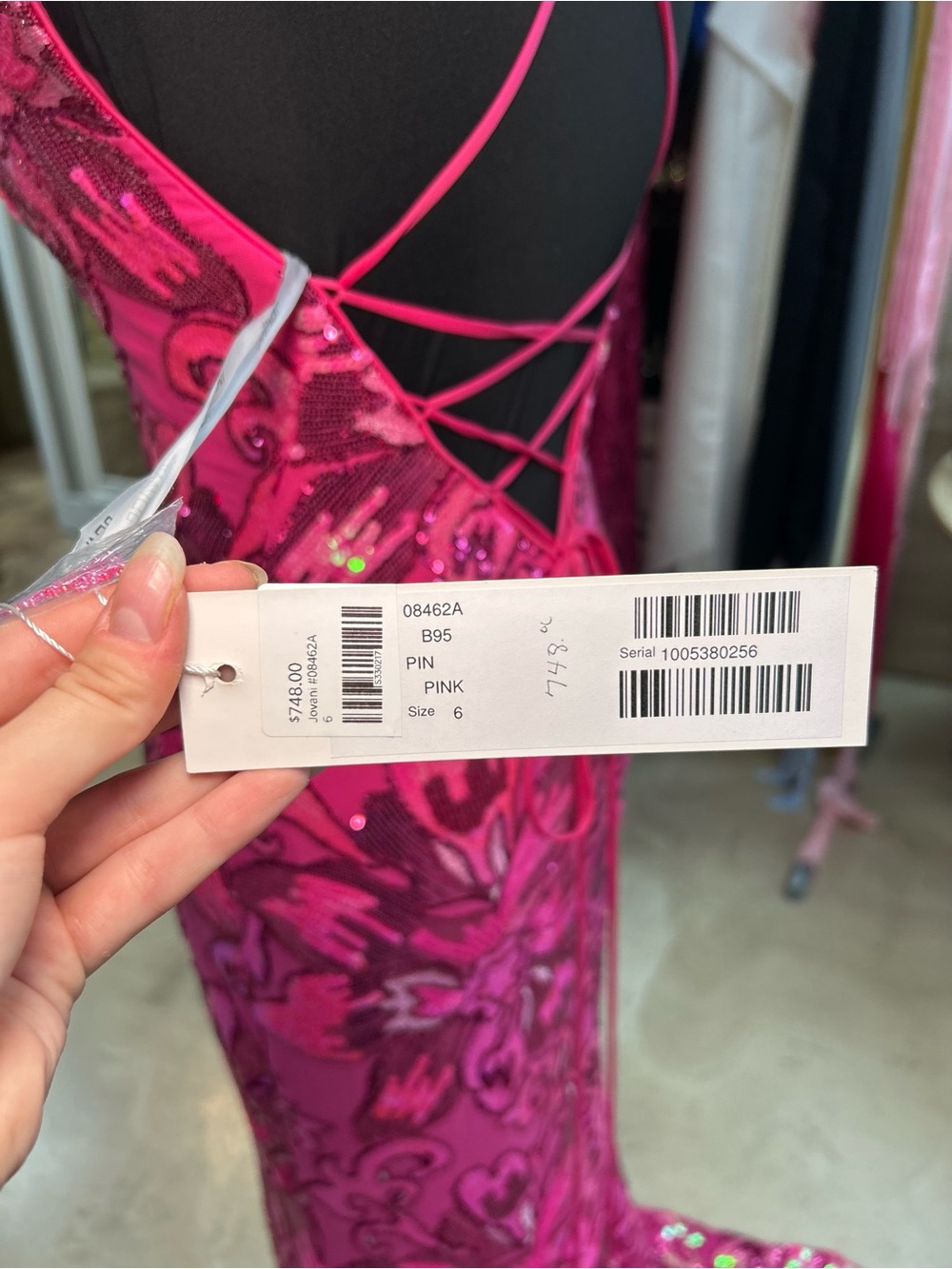 Jovani Hot Pink and Gold V-Neck Sequin Floral Prom Gown - Picture 5 of 6